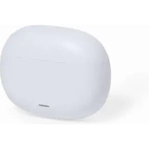 A small, white wireless earbud case with a smooth, rounded design, featuring a logo on the front.