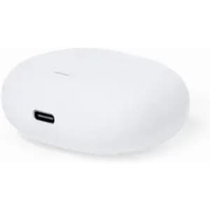 A wireless earbud case in white, featuring a USB-C charging port and a smooth, rounded design.