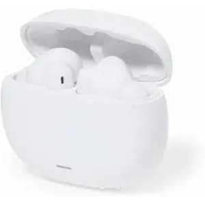 A white case containing wireless earbuds, slightly open to reveal the earbuds inside. The case has a sleek design.