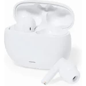 A set of white wireless earbuds with a matching charging case. The case is slightly open, revealing the earbuds inside.