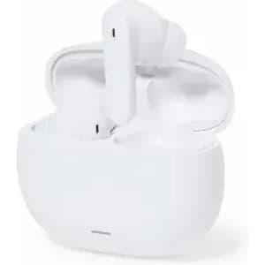 A pair of white wireless earbuds in a charging case. The case is also white and compact in size.