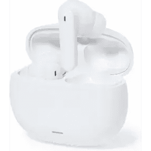 A pair of white wireless earbuds positioned in a matching charging case, featuring a sleek design.