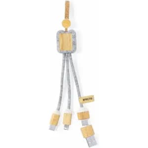 A charging cable with multiple connectors, featuring a combination of grey fabric and bamboo elements. It includes a logo.