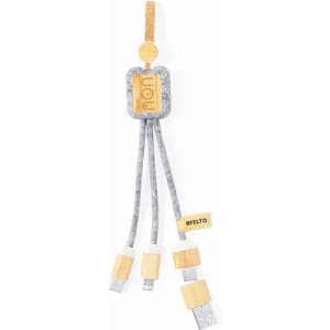 A multi-device charging cable featuring a wooden and grey fabric design with three connectors. It has a logo on it.