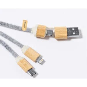 A charging cable with wooden accents and grey fabric, featuring multiple connectors and a logo.