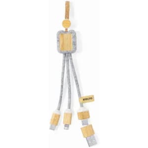A multi-port charging cable featuring a grey fabric design with bamboo accents and connectors for various devices.