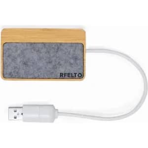 A USB hub with a bamboo exterior and grey felt surface, featuring a logo.