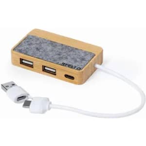 A USB hub with a wooden base and a grey felt top, featuring two USB ports and a Type-C connection.