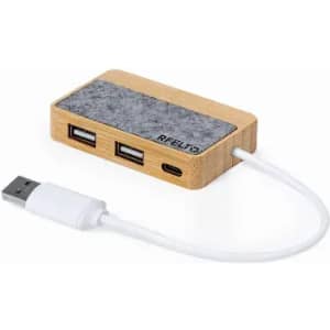 A USB hub with wooden casing, featuring two USB-A ports, one USB-C port, and a white connector cable.