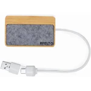 A bamboo and felt power bank with a USB cable, featuring a logo on the felt surface.