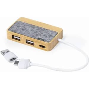 A wooden USB hub with two standard USB ports and one USB-C port, featuring a felt-covered top.
