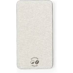 A drink bottle in a light grey fabric finish, featuring a logo on a textured background.