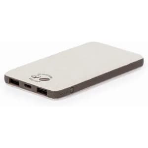 A power bank in a sleek design, featuring a light grey surface with dark grey accents and branding.