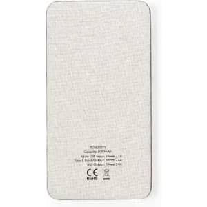 A power bank with a textured light grey finish, featuring multiple charging ports and a small logo.
