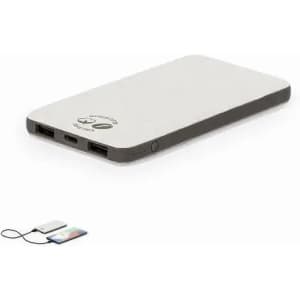 A portable power bank in grey and white with USB ports and a logo.