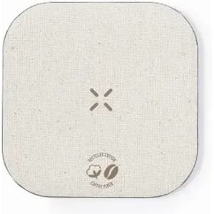 A coasters made of light beige material with a round cornered square shape and a logo at the bottom.