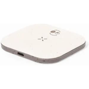 A wireless charging pad in a speckled off-white and grey design, featuring a logo on the surface.