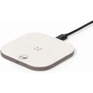 A wireless charger in a square shape with a light grey top and dark brown base, featuring a connection cable.