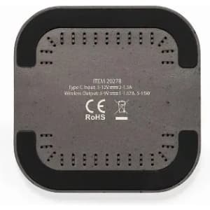 A wireless charger with a square design in black and grey, featuring ventilation holes and a logo.