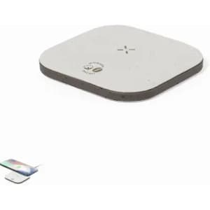 A wireless charger in a square shape with a light grey surface and darker grey base. It features a logo.