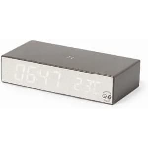 A digital alarm clock with a sleek, rectangular design in dark brown and white display. It features a logo.