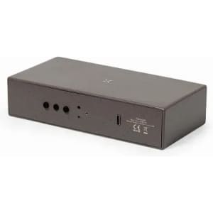 A dark grey rectangular electronic device with ports and buttons on one side, featuring a logo.