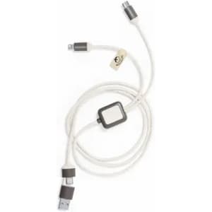 A charging cable with multiple connectors, featuring a white braided design and grey accents. It includes a logo on the connector.