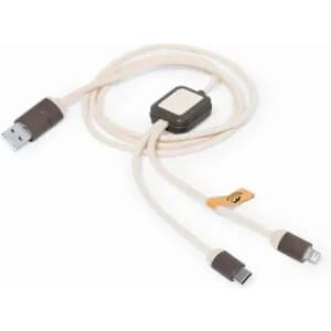 A charging cable with a USB connector and two outputs, in light beige and brown colours, featuring a logo on the connector.
