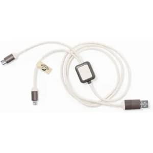 A charging cable with two connectors and a central button, featuring a beige and brown colour scheme.
