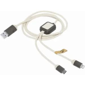 A charging cable with a USB connector and two outputs, one for USB-C and one for Lightning, in beige and grey.