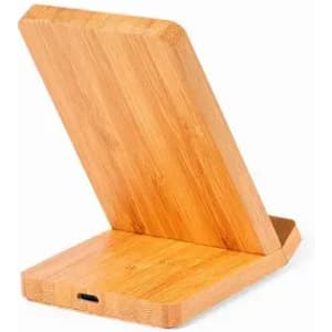 A bamboo phone stand with a sleek design, featuring a USB port at the base and a slightly angled back for support.
