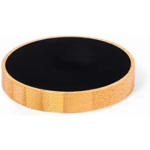 A round black and wooden drink bottle holder, featuring a textured wooden edge. It has a simple, elegant design.