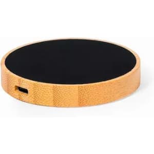 A circular wireless charger featuring a bamboo exterior and a black charging surface. Includes a USB port.