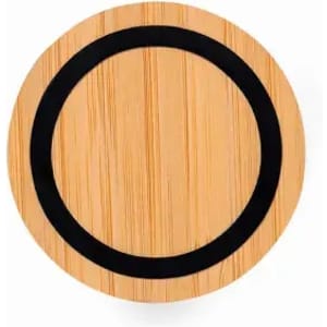 A round bamboo coaster with a black circular accent in the centre, featuring a natural wood grain texture.