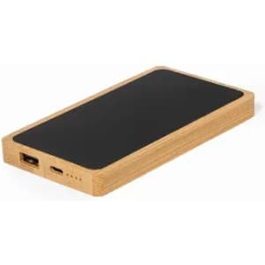 A portable charger with a wooden exterior, featuring two ports and a sleek black surface.