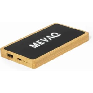 A portable power bank with a wooden design and black surface, featuring a logo and multiple charging ports.