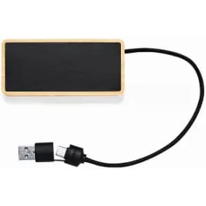A charging pad featuring a bamboo base and a black charging surface, with a USB connection cable.
