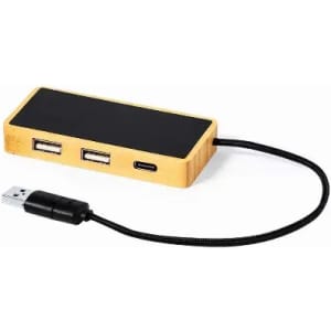 A USB hub with a gold and black design, featuring two standard USB ports and one USB-C port.