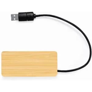 A USB drive with a bamboo casing and a black cable. It features a branding logo on the casing.
