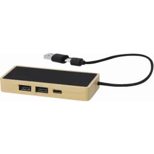 A USB hub with a bamboo exterior, featuring multiple USB ports and a connected cable.