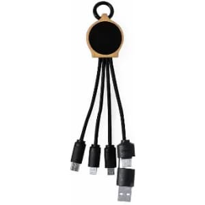 A multi-connector charging cable with a wooden base and four black cords, each ending in different USB plugs.