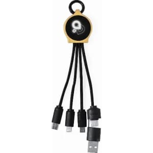 A multi-charging cable with a black and gold design, featuring four different connectors for various devices.