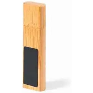 A bamboo USB flash drive with a black panel, featuring a sleek rectangular design in natural wood tones.