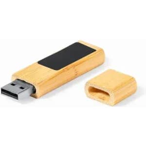 A wooden USB flash drive in bamboo, featuring a removable cap and a smooth finish. It has a logo area.