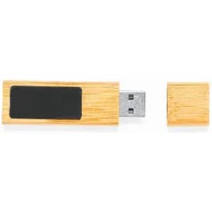 A USB flash drive featuring a bamboo design with a silver connector and a removable cap.