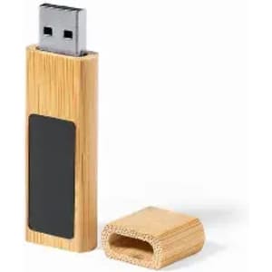 A bamboo USB drive with a removable cap and a black area on the front, showcasing its natural wood finish.