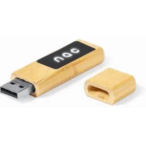 A wooden USB flash drive with a bamboo casing and a removable cover. It has a logo on one side.