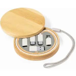 A circular bamboo case containing four USB adapters and a USB drive, with a decorative string for easy carrying.