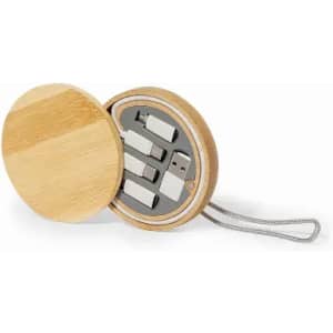 A wooden storage case with a circular shape, featuring compartments for USB drives and a grey interior.