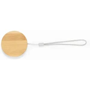 A wooden round tag with a looped string for attaching, featuring a smooth, natural finish.
